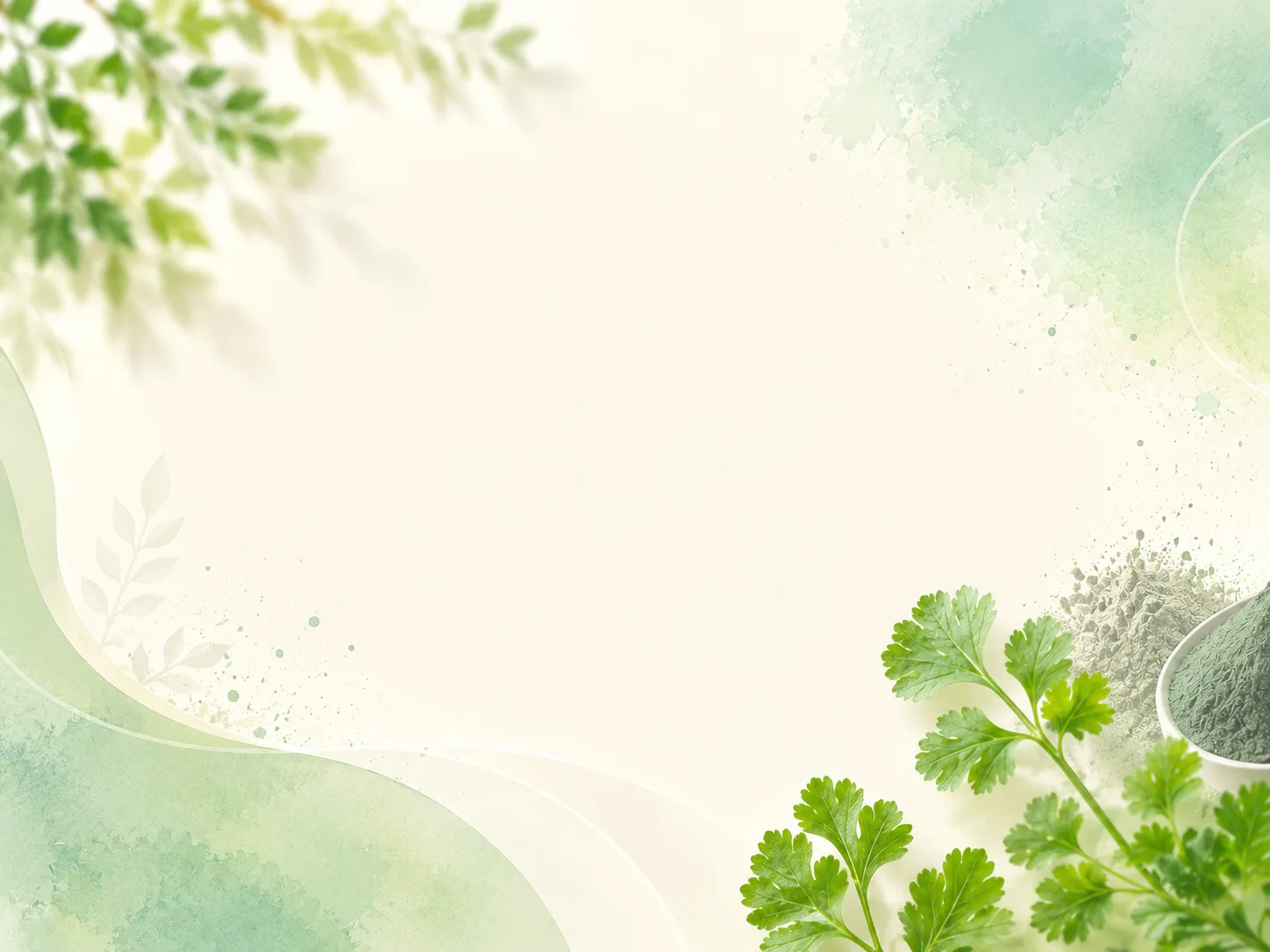 Abstract nature-themed background with green leaves in the top left and bottom right, and a pale cream center for content.